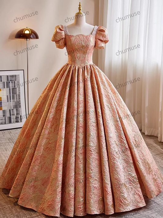 Vestido de baile formal personalizado, retrô, com contas de pérolas, gola quadrada, manga bufante, elegante, feminino, longo, vestido de festa para banquete