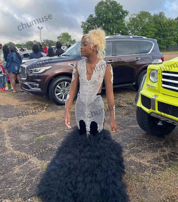 فستان سهرة رسمي بأكمام طويلة للفتيات ذوات البشرة السوداء، مزين بكشكشة من الكريستال والألماس الفضي، لحفلات التخرج