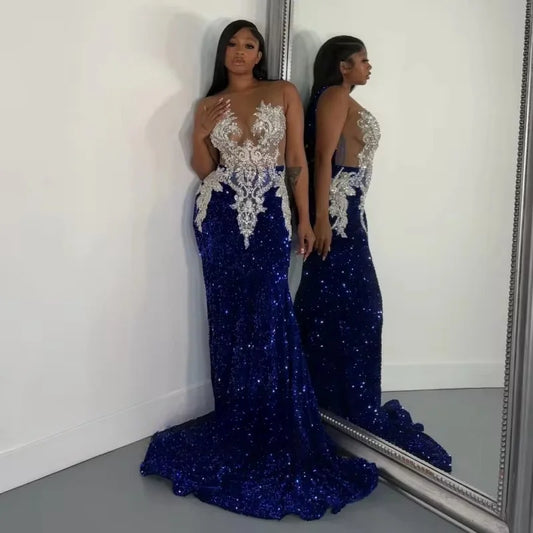 Silver Gray Prom Dresses Luxury Black Girls 2025 Crystal Sheer Neck Sequin Mermaid Party Dress African Evening Gowns Customized