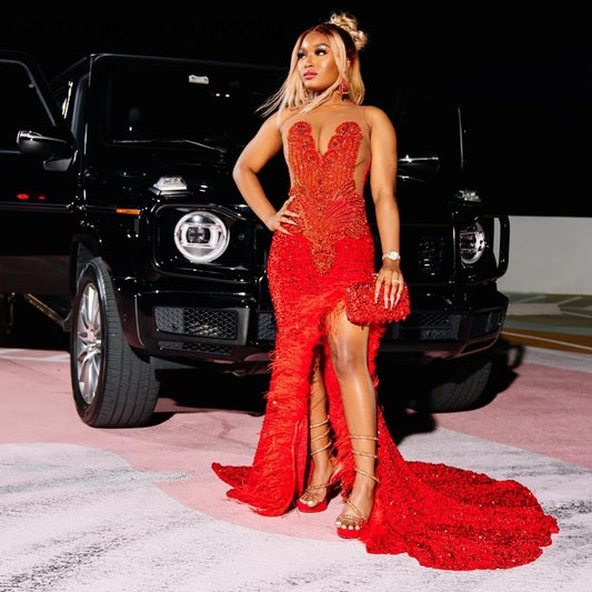 Customized 2025 Red Feather Mermaid Prom Dress Black Girl High Slit Crystal Beaded African Birthday Party Gown