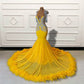 Vestidos de fiesta largos de sirena con plumas y cuentas para niñas negras, para fiesta de graduación, de lujo, amarillos, personalizados, formales, de noche 