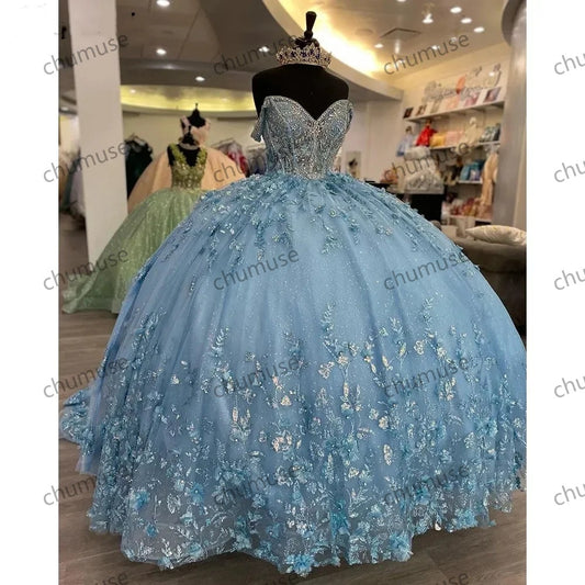 Vestido de baile azul claro com ombros à mostra, vestidos de quinceanera com lantejoulas, renda e contas de cristal