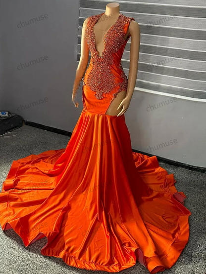 Luxury Red Prom Dress For Black Girl Beaded Formal Sparkly Paillette Tassels Diamond Crystal Evening Gowns Ruffles Party Dresses