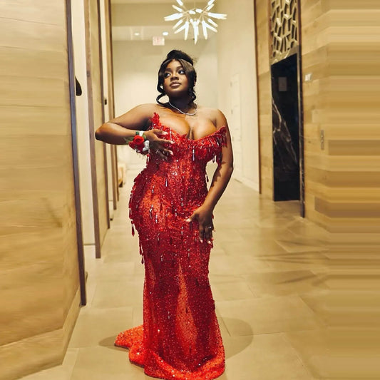 Red Plus Size Prom Dress With Beads Crystals Celebrity Formal Occasion Birthday Dress To Christmas Sleeveless robes de soirée