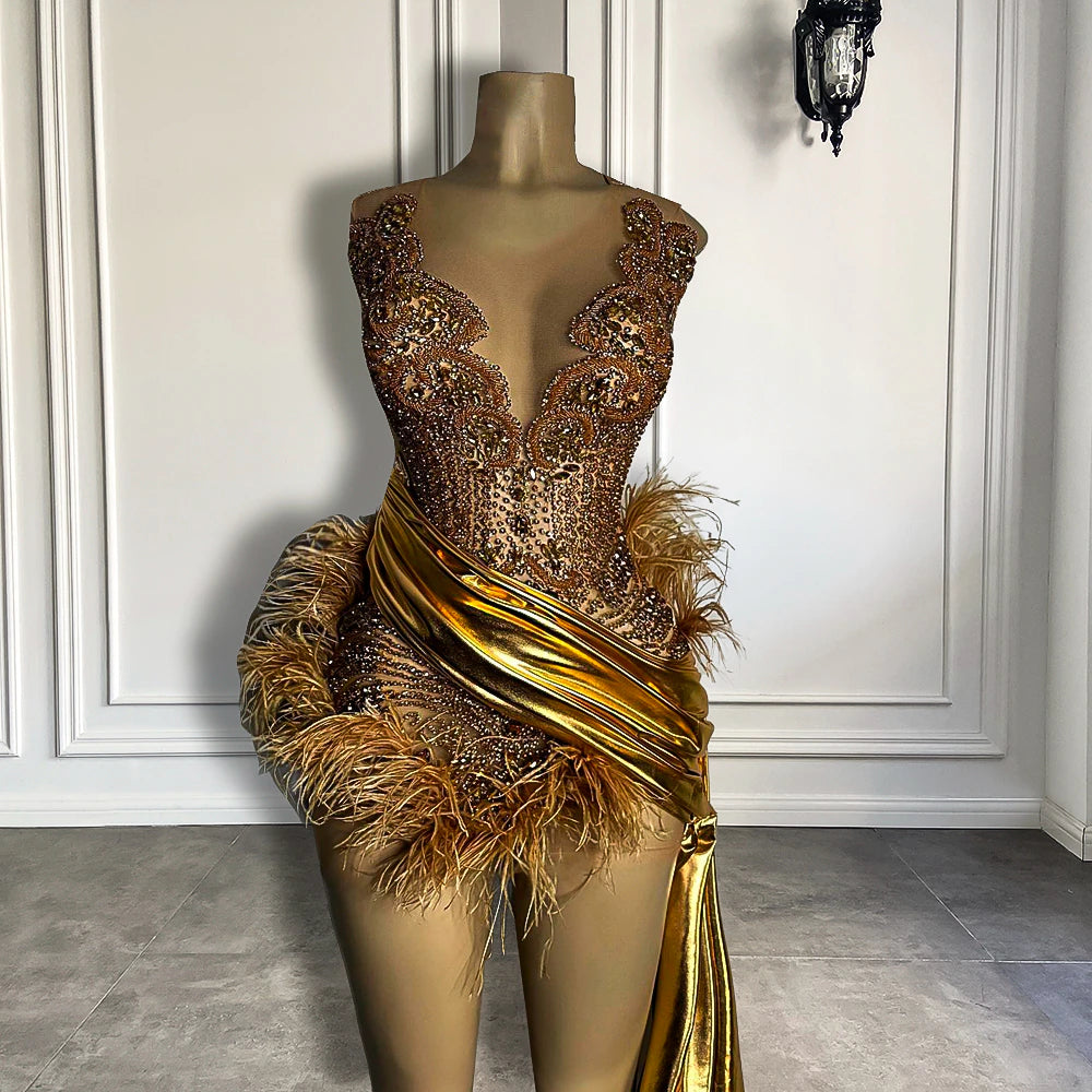 Vestidos de cóctel formales de lujo con diamantes dorados y transparentes, negros, cortos y con plumas para niñas, para fiesta de graduación y cumpleaños. 