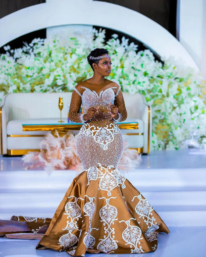 Aso Ebi Plus Size Gold Mermaid Wedding Dresses Lacefull Full Sleeves Lace Crystals Bridal Gowns Dress Vestidos De Novia