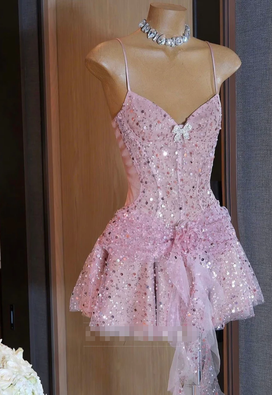 V-Neck Sequins Spaghetti Straps A-Line Party Homecoming Dress