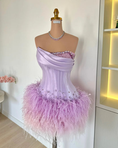 Eye Cacthing Lavender Corset Feather Short Women Formal Party Dresses Shiny Crystal Beaded Mini Birthday Party Dress