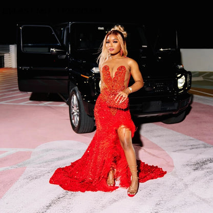 Customized 2025 Red Feather Mermaid Prom Dress Black Girl High Slit Crystal Beaded African Birthday Party Gown