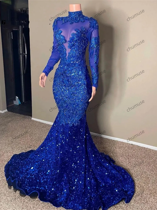 Vestidos de fiesta con lentejuelas azul real y vestidos de noche de manga larga 