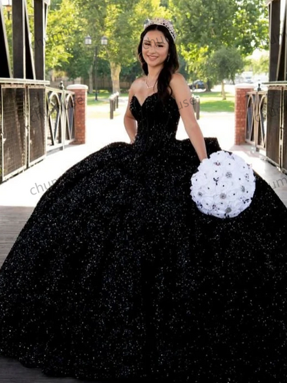 Sparkling Black Quinceanera Dress Princess Prom Ball Gown Sequined Sweet 16 XV Years Old Miss Birthday Dress Pageant Mexica