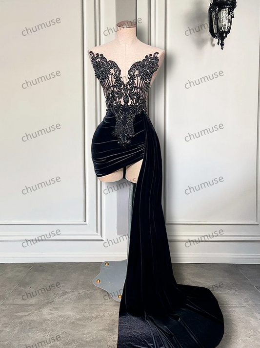 Vestidos de fiesta cortos de terciopelo negro con bordado de cuentas para mujer 