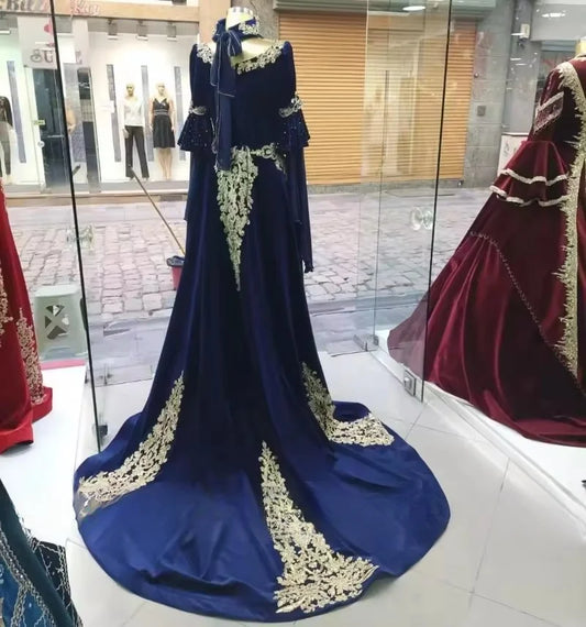 Traditional Morocco Navy Blue Evening Dresses For Women Velvet Caftan Prom Gowns Customized Algerian Wedding Party Dress