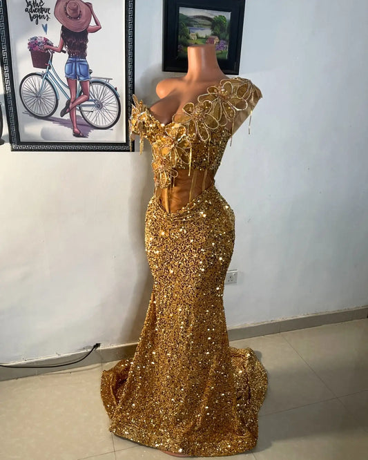 Saudi Arabia Luxury Gold Corset Sequins Evening Dresses 3D Flowers Beading One Shoulder Mermaid Sparkling Crystal Fishbone Gown
