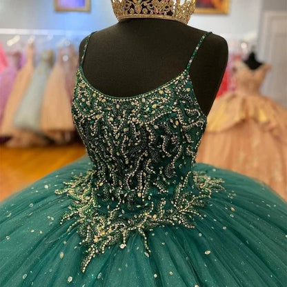 Vestidos de princesa com alças finas verde-escuro brilhantes, quinceanera, lantejoulas, cristal, vestidos de 15 anos, festa de aniversário, baile