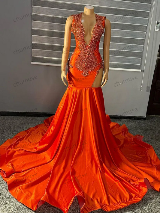 Luxury Red Prom Dress For Black Girl Beaded Formal Sparkly Paillette Tassels Diamond Crystal Evening Gowns Ruffles Party Dresses