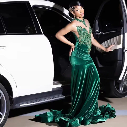 Exquisite Dark Green Velvet Mermaid Prom Dresses African Girls 2025 Crystal Wedding Party Gowns Customized