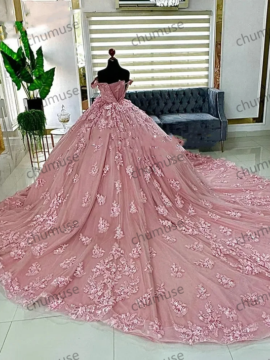 Vestido de baile com contas de cristal rosa e ombro de fora, vestidos de quinceanera