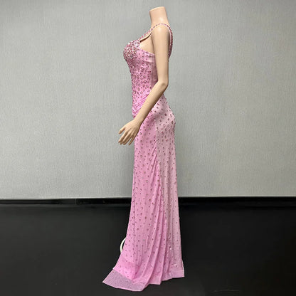 Women Luxury Pink Spaghetti Strap Crystal Drapped Open Leg Bright Long Comfortable Soft Birthday Celebrity Evening Party Gowns