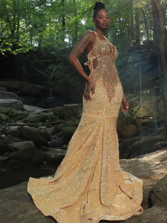 Golden Evening Dresses Mermaid Straps Sequins Crystal Backless Court Gown Party dresses