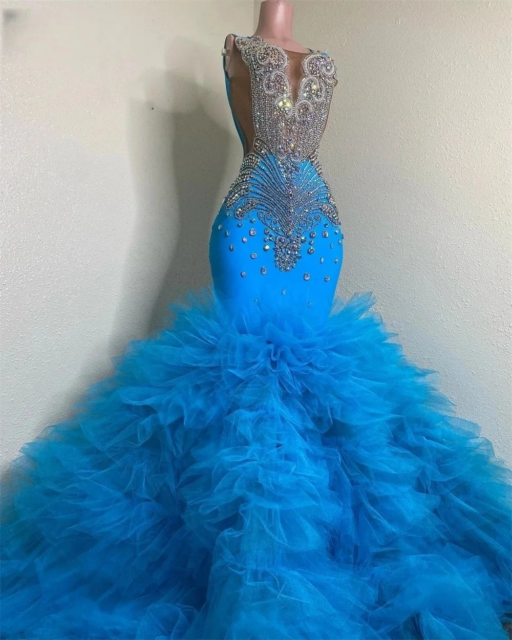 Vestidos de fiesta largos afroamericanos en azul cielo para chicas negras, sirena, volantes transparentes, cristales, elegante vestido de noche personalizado