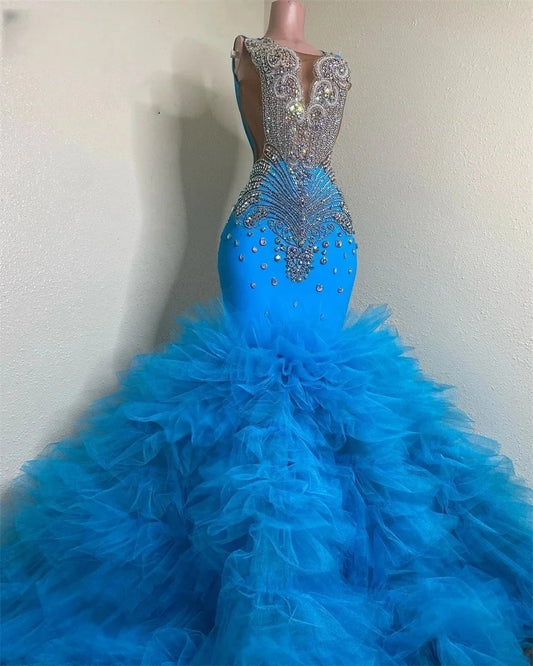 Vestidos de fiesta largos afroamericanos en azul cielo para chicas negras, sirena, volantes transparentes, cristales, elegante vestido de noche personalizado