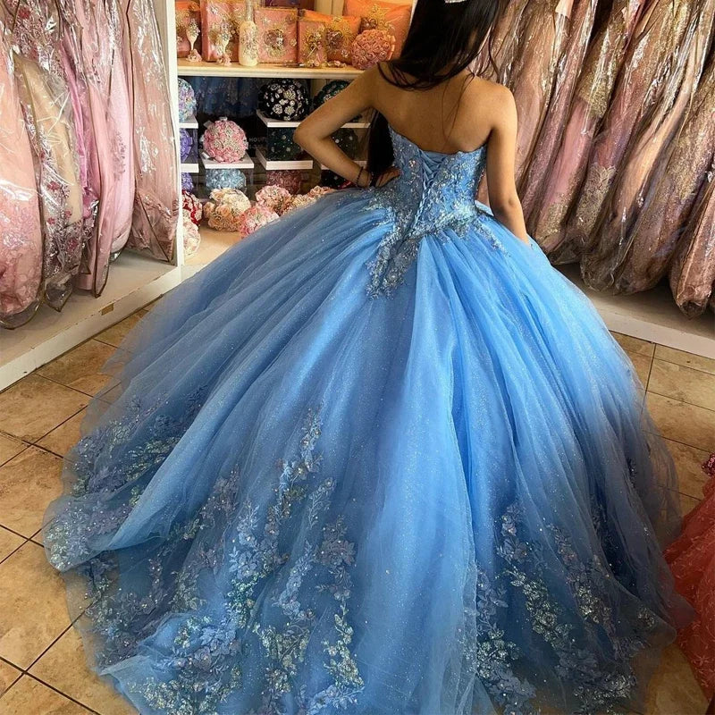 Vestidos de baile azuis, vestidos de quinceanera, princesa, 15 anos, festa, glitter, tule, apliques, cauda, ​​baile de máscaras, vestidos de aniversário de Cinderela