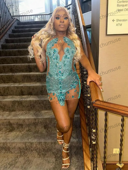 Vestido mini de cóctel azul cielo para fiesta, de malla transparente, con brillantes cristales de diamante negro, para niña, para cumpleaños y graduación, vestido de noche personalizado
