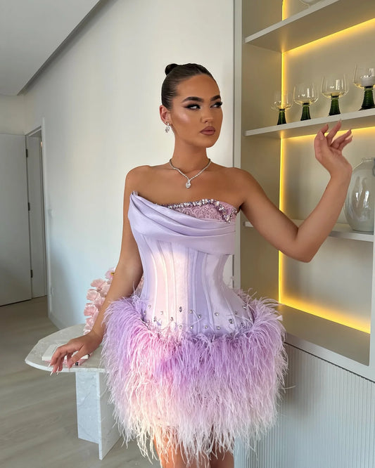 Eye Cacthing Lavender Corset Feather Short Women Formal Party Dresses Shiny Crystal Beaded Mini Birthday Party Dress