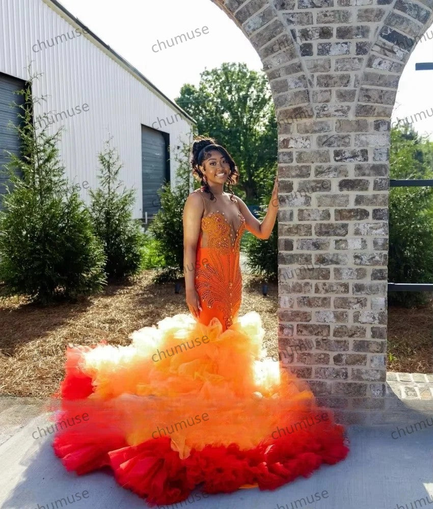 Exquisite Orange Mermaid Prom Dress Tiered Ruffle Crystal Rhinestones Beading Elegant Party Dresses Woman Birthday Gown