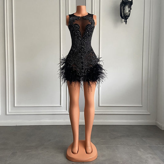Vestido de cumpleaños de lujo con diamantes rosas para mujer, sexy, transparente, con plumas, para ocasiones formales, cócteles, vestidos de fiesta cortos negros para chicas. 
