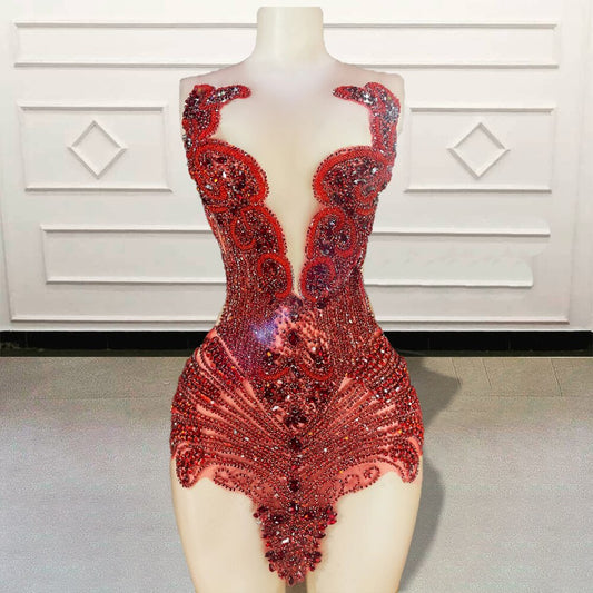 Sexy Sheer Short Prom Dresses Stunning Crystal Beaded Diamond Black Girls Mini Cocktail Gown for Birthday Party Custom Made