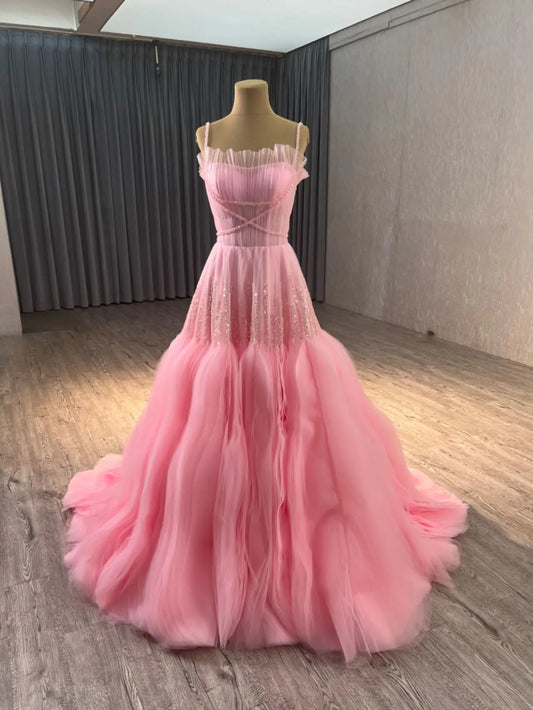 Pink A-line Spaghetti Straps Evening Dresses Woman Elegant Saudi Arabia Wedding Guest Dress