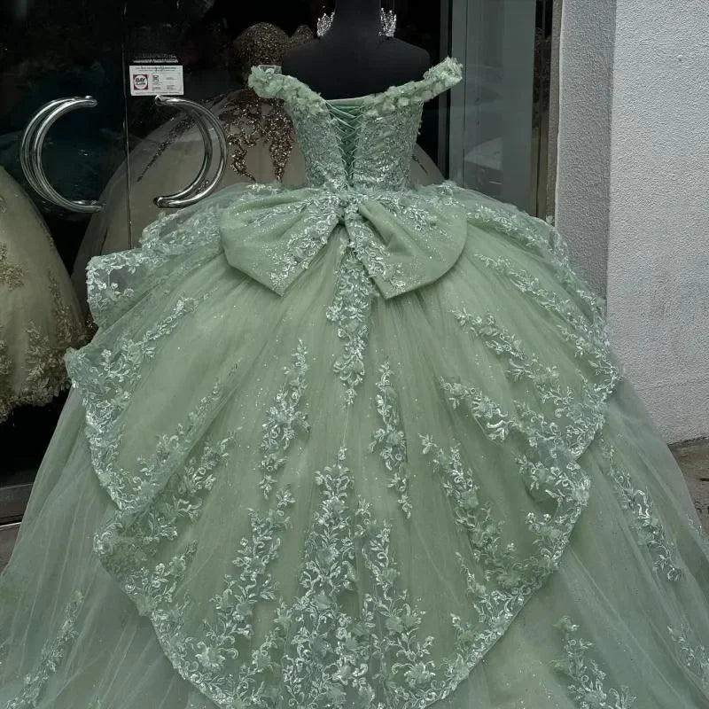 Vestidos de quinceanera verde menta com glitter, apliques, miçangas, laço em camadas, vestido de baile, ombro de fora, festa de aniversário, espartilho personalizado