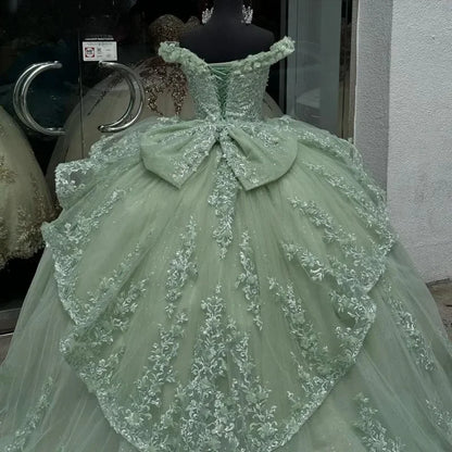 Vestidos de quinceanera verde menta com glitter, apliques, miçangas, laço em camadas, vestido de baile, ombro de fora, festa de aniversário, espartilho personalizado