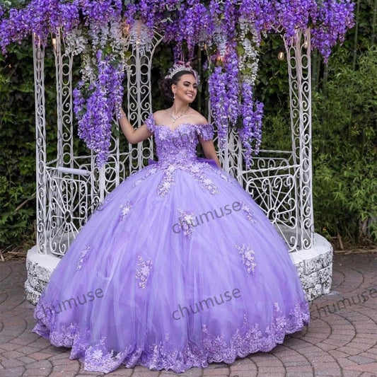 Vestidos de quinceanera lilás com apliques 3D para festa de 16 anos com cadarço e laço grande para festa de aniversário