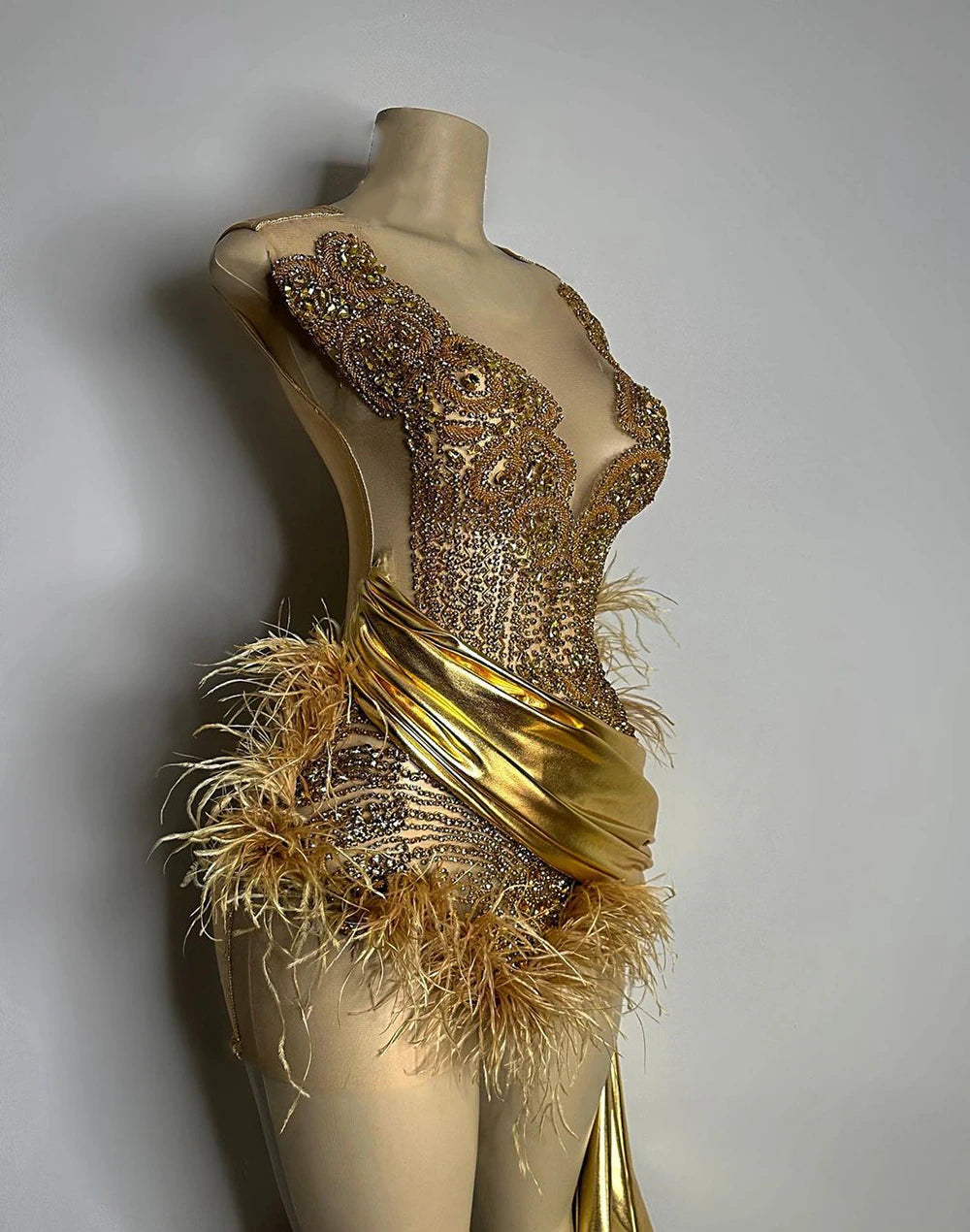 Vestidos de cóctel formales de lujo con diamantes dorados y transparentes, negros, cortos y con plumas para niñas, para fiesta de graduación y cumpleaños. 