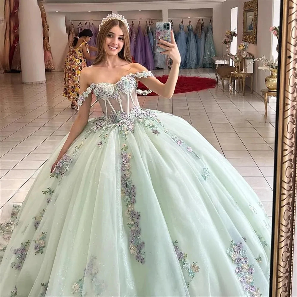 15 vestidos de quinceañera, vestido de baile, nuevo vestido de fiesta de flores, clásico, con hombros descubiertos, vestido de cumpleaños, vestido de graduación