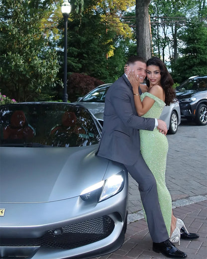 Green Off Shoulder Sequin Prom Dresses Mermaid Exquisite Customized