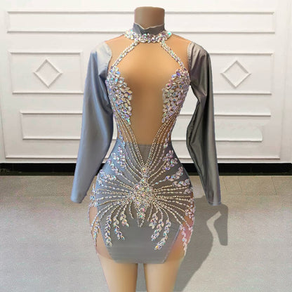 Glitter Crystal Beaded Diamond Short Prom Dresses Sexy Sheer Mesh Full Sleeves Girls Mini Cocktail Gowns for Birthday Party