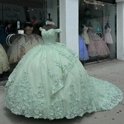 Vestidos de quinceanera verde menta com glitter, apliques, miçangas, laço em camadas, vestido de baile, ombro de fora, festa de aniversário, espartilho personalizado
