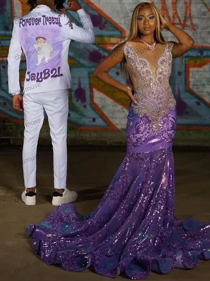 Simple Mermaid Bride Dresses Strapless Paillette Lace Crystal Sleeveless Draped Pleat Open Back Sexy Prom Dress