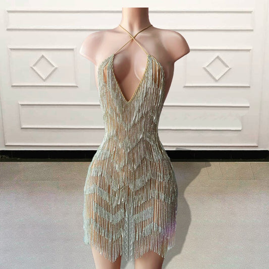 Vestido corto de fiesta de lujo con cuentas negras para niñas, sexy, transparente, sin mangas, para mujer, minivestido de cóctel personalizado para fiesta de cumpleaños 