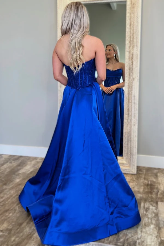 Sexy A-Line Strapless Sleeveless Pleated Appliques Prom Party Dress Back Zipper Floor Length Formal Evening Dress