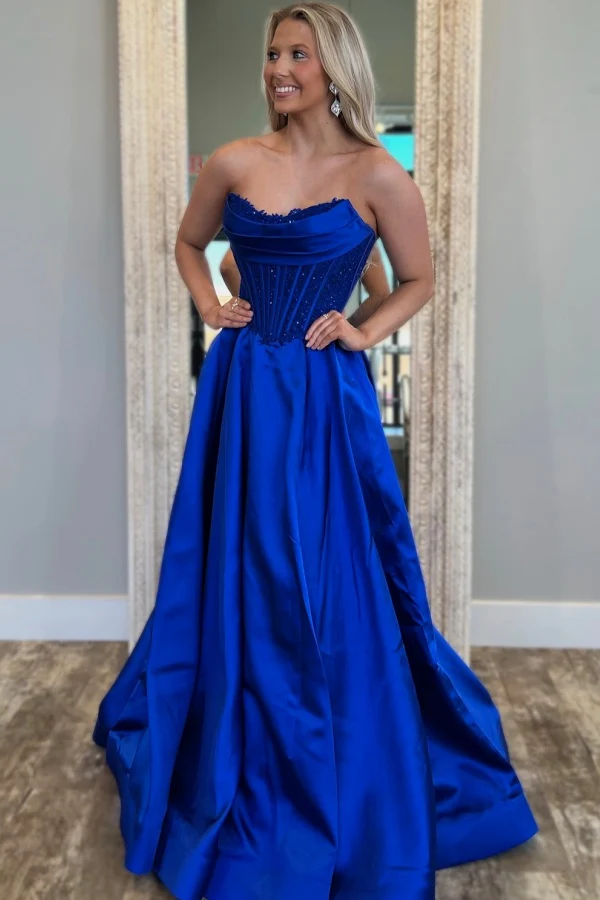 Sexy A-Line Strapless Sleeveless Pleated Appliques Prom Party Dress Back Zipper Floor Length Formal Evening Dress