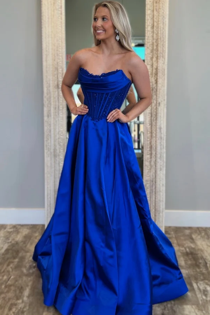 Sexy A-Line Strapless Sleeveless Pleated Appliques Prom Party Dress Back Zipper Floor Length Formal Evening Dress