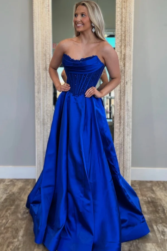 Sexy A-Line Strapless Sleeveless Pleated Appliques Prom Party Dress Back Zipper Floor Length Formal Evening Dress