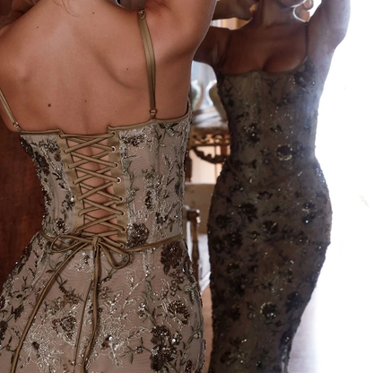 Sexy Backless Bandage Lace-Up Long Dress Women's Elegant Off Shoulder Height Waist Suspender Dress Casual Sleeveless Shinny Gowns