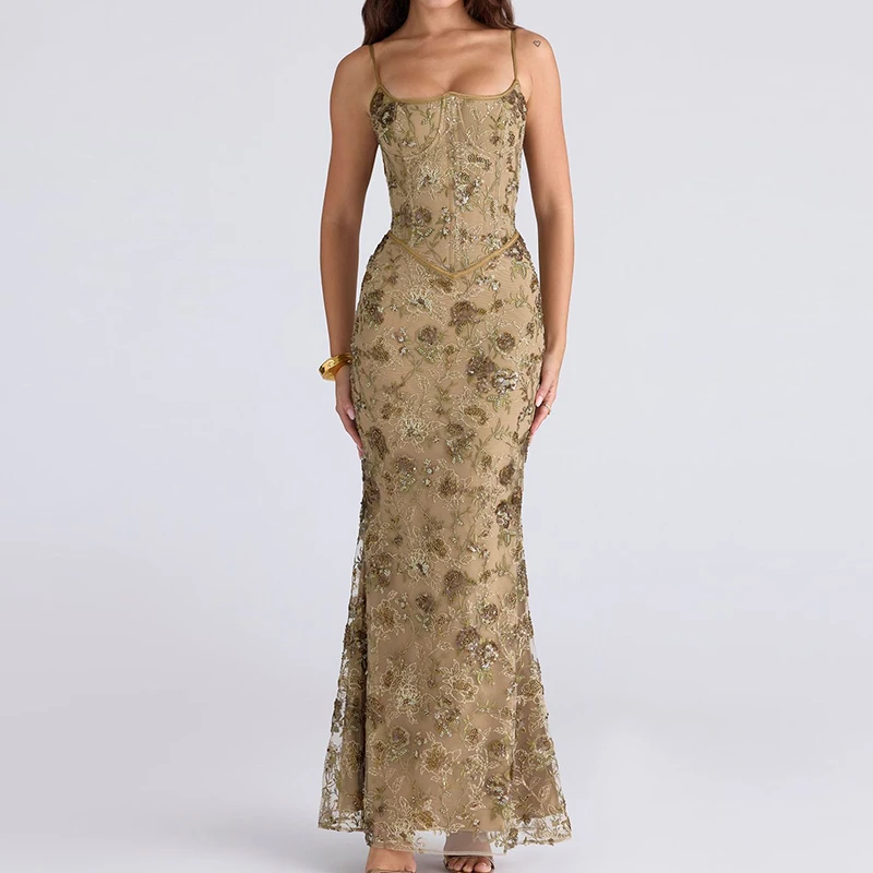 Sexy Backless Bandage Lace-Up Long Dress Women's Elegant Off Shoulder Height Waist Suspender Dress Casual Sleeveless Shinny Gowns