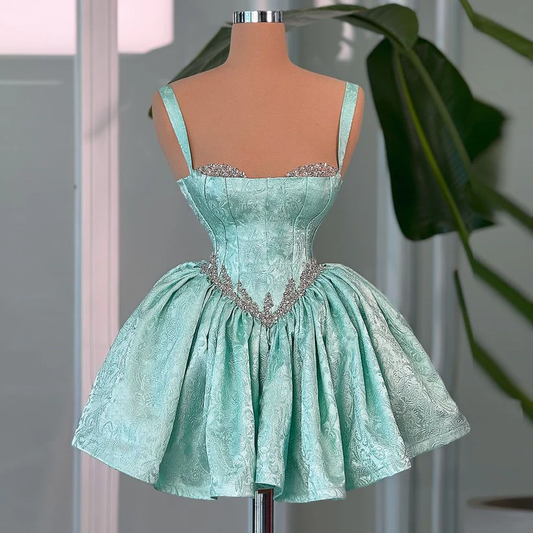 Sexy Green Satin Print Beaded A Line A Line Short Birthday Party Dress Graduation Homecoming Dress